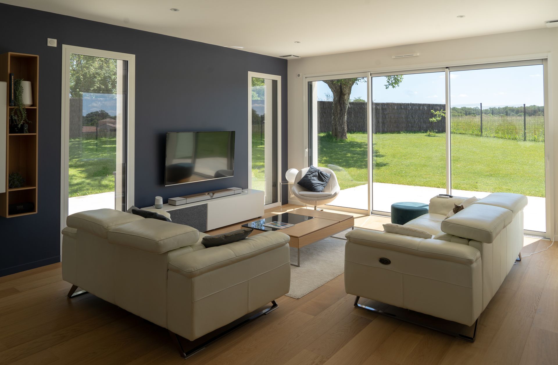Grand salon avec coin télévision