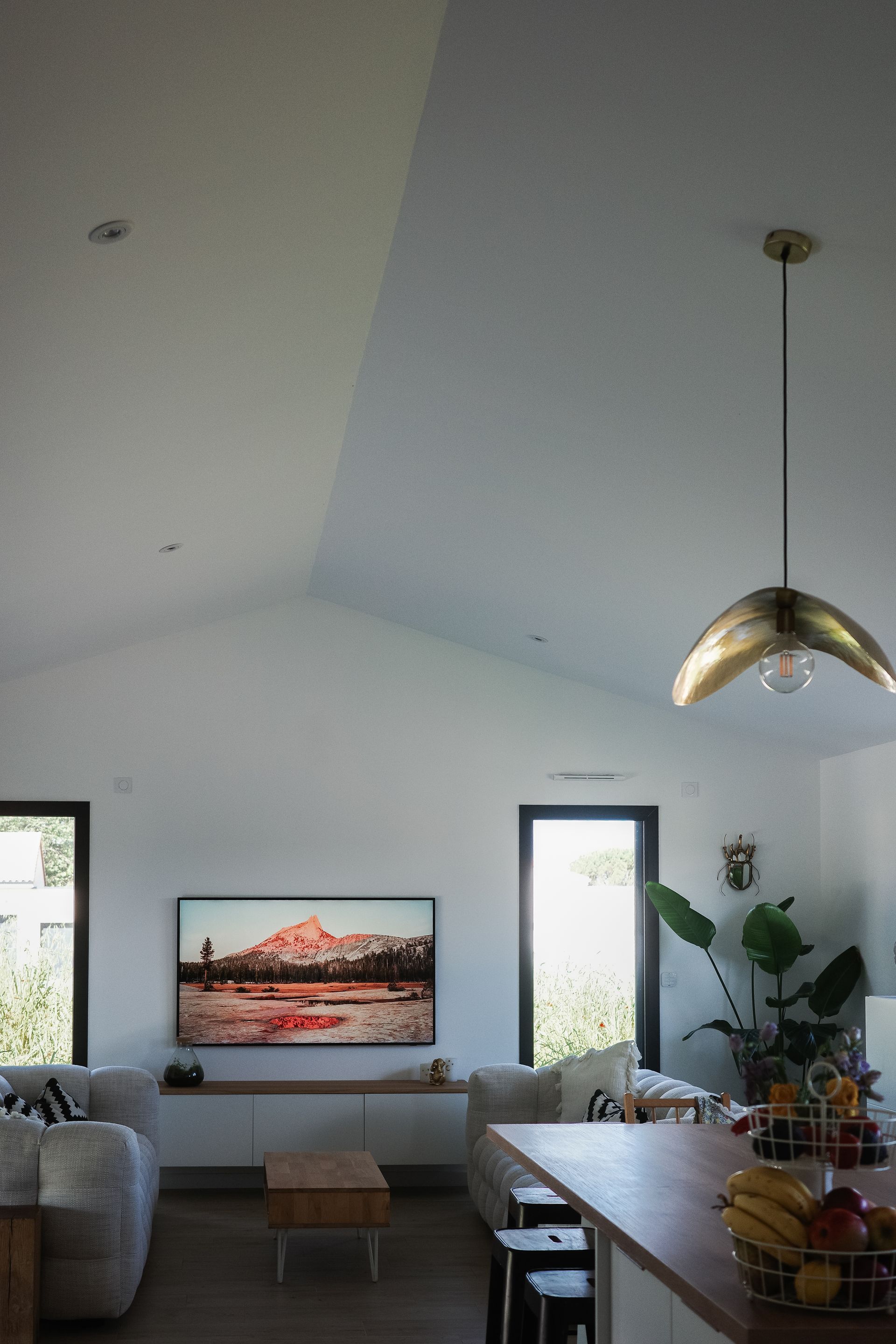 Salon avec luminaire suspendu