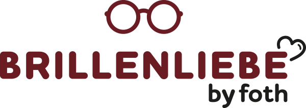 Brillenliebe by Foth-Logo mit bordeauxroter Brille und Text auf weißem Hintergrund