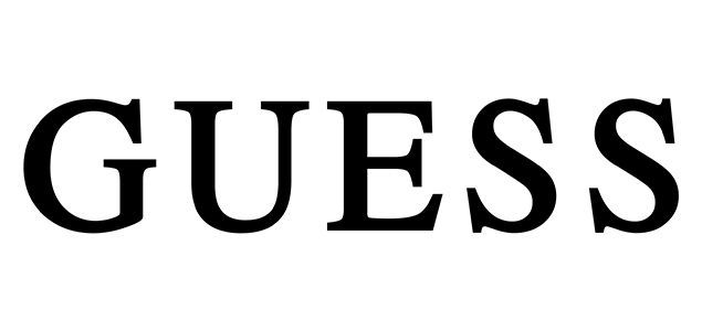 Schwarzes Serifenwort „GUESS“ auf weißem Hintergrund