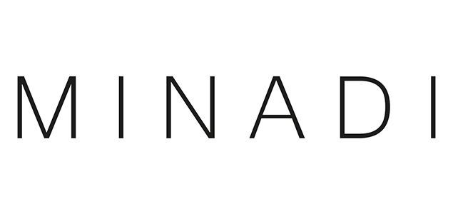 Ein schwarzweißes Logo für Minadi auf weißem Hintergrund.