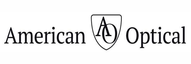 American Optical-Logo mit schwarzem Text und Schildemblem auf weißem Hintergrund