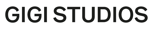 Schwarzes Textlogo mit der Aufschrift „GIGI STUDIOS“ auf weißem Hintergrund