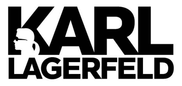 Karl-Lagerfeld-Logo in fetter schwarzer Schrift mit einer weißen Silhouette links