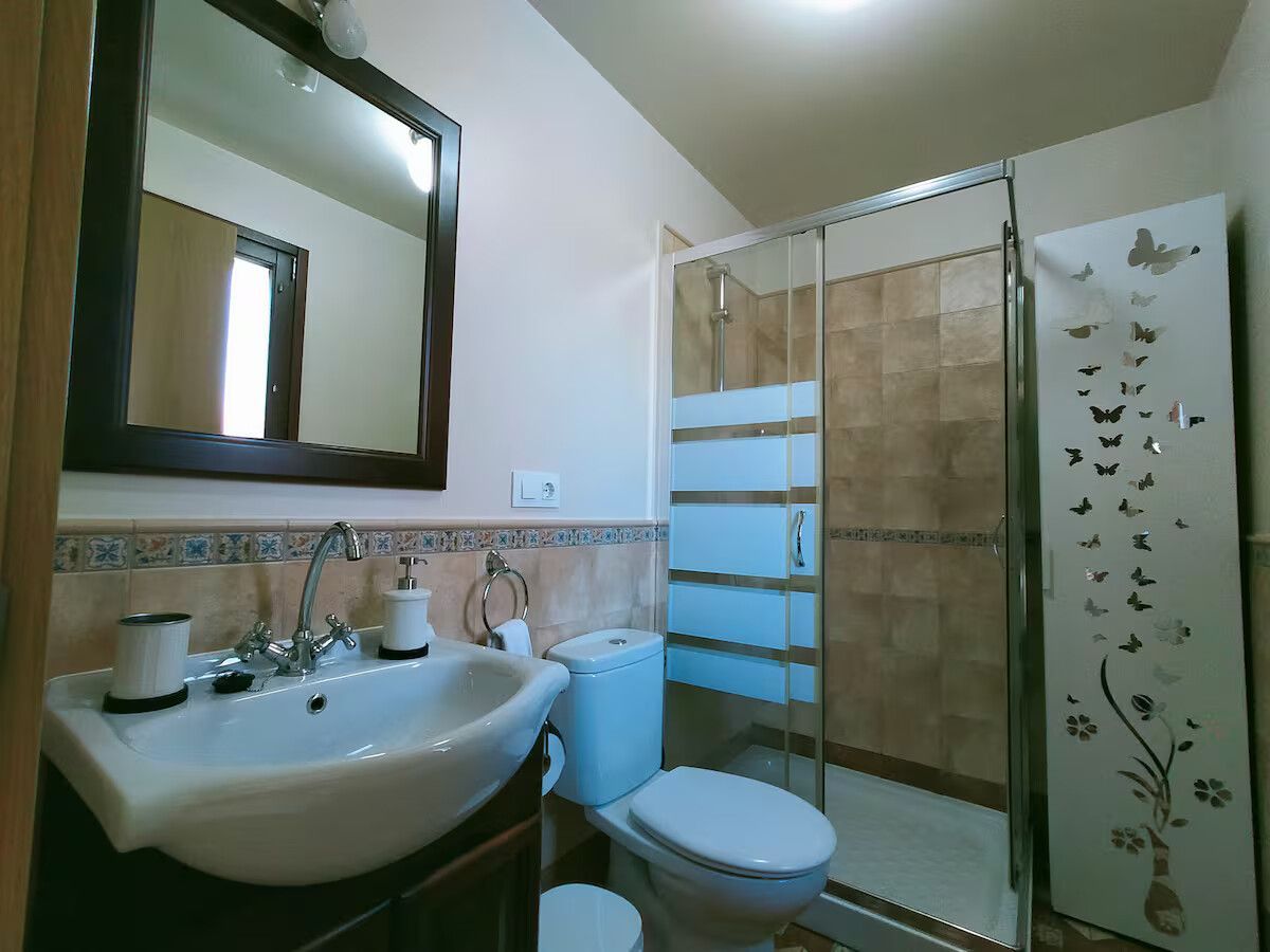 Baño compacto con lavabo, inodoro, ducha, espejo y panel decorativo floral en la pared