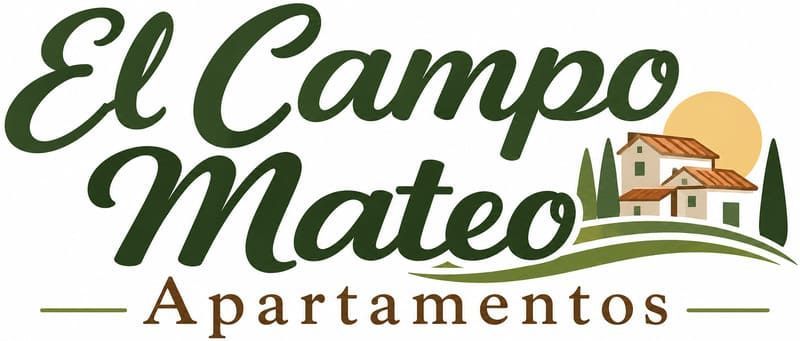 Logotipo para El Campo Mateo Apartamentos, con texto verde, una casa, palmeras y un icono de sol