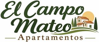 Logotipo para El Campo Mateo Apartamentos, con texto verde, una casa, palmeras y un icono de sol