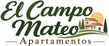 Logotipo para El Campo Mateo Apartamentos, con texto verde, una casa, palmeras y un icono de sol