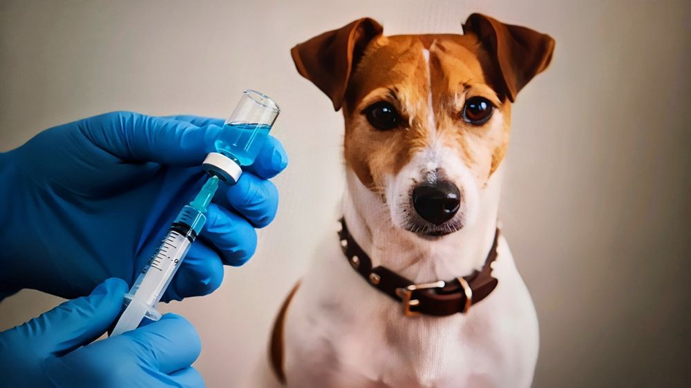 Una mano enguantada sostiene una jeringa cerca de un perro marrón y blanco en estado de alerta que lleva un collar.