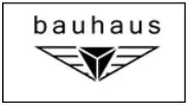 „Bauhaus-Logo: Text ‚Bauhaus‘ über einem schwarzen geometrischen Emblem mit Dreieck und Flügeln.“