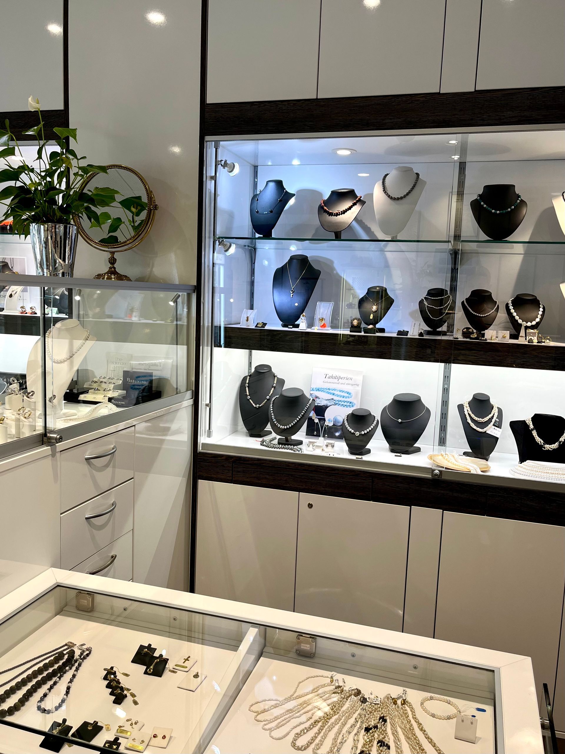 Inneneinrichtung eines Juweliergeschäfts mit in beleuchteten Glasvitrinen und einer Thekenvitrine ausgestellten Halsketten.