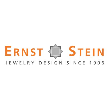 Logo für Ernst Stein Jewelry Design. Orangefarbener Text auf weißem Hintergrund mit grauem Sternendesign.