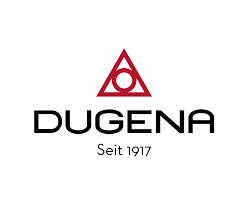 Logo für DUGENA-Uhren, bestehend aus einem roten Dreieck mit einem Kreis darin sowie dem Markennamen und dem Gründungsdatum.