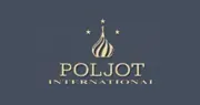 Logo der Uhrenmarke Poljot International mit einer goldfarbenen Zwiebelkuppel mit zwei Sternen darüber auf dunkelblauem Hintergrund.