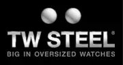 Logo für TW Steel-Uhren mit zwei silbernen Kreisen über dem Markennamen in Silber auf schwarzem Hintergrund.