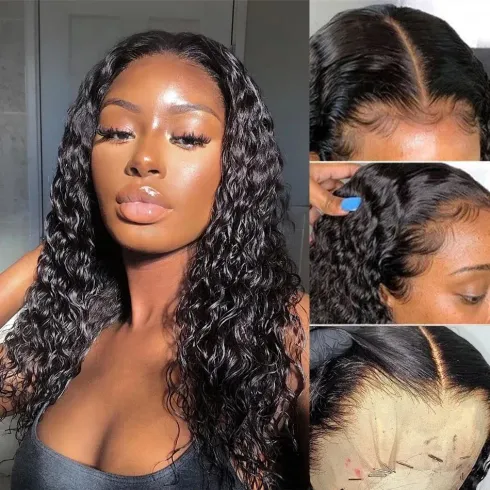 Mujer con una peluca negra ondulada, primeros planos de la línea del cabello que muestra el frente del encaje y raya.