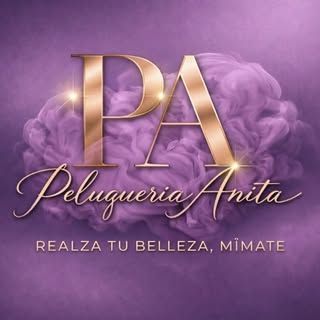 Logotipo "PA" dorado sobre humo morado, "Peluquer&iacute;a Anita" y eslogan sobre fondo morado.