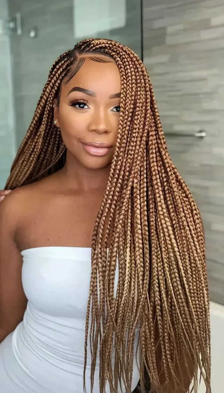 Mujer con largas trenzas rubias, vestida con un top blanco sin tirantes, en un baño.