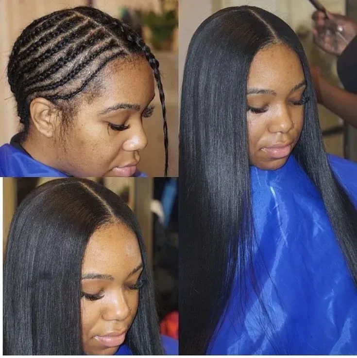 Transformación del cabello de mujer: de base trenzada a estilo largo, liso y con raya al medio.