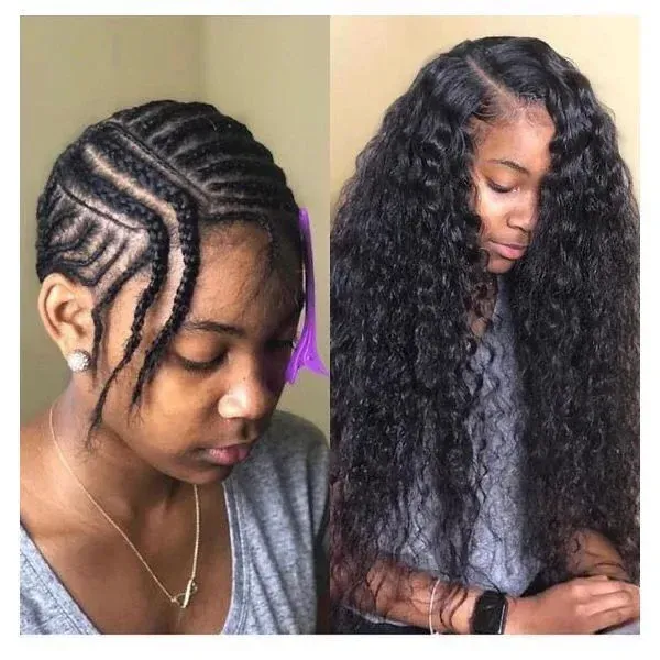 Base de peinado trenzado con extensiones negras largas y onduladas.