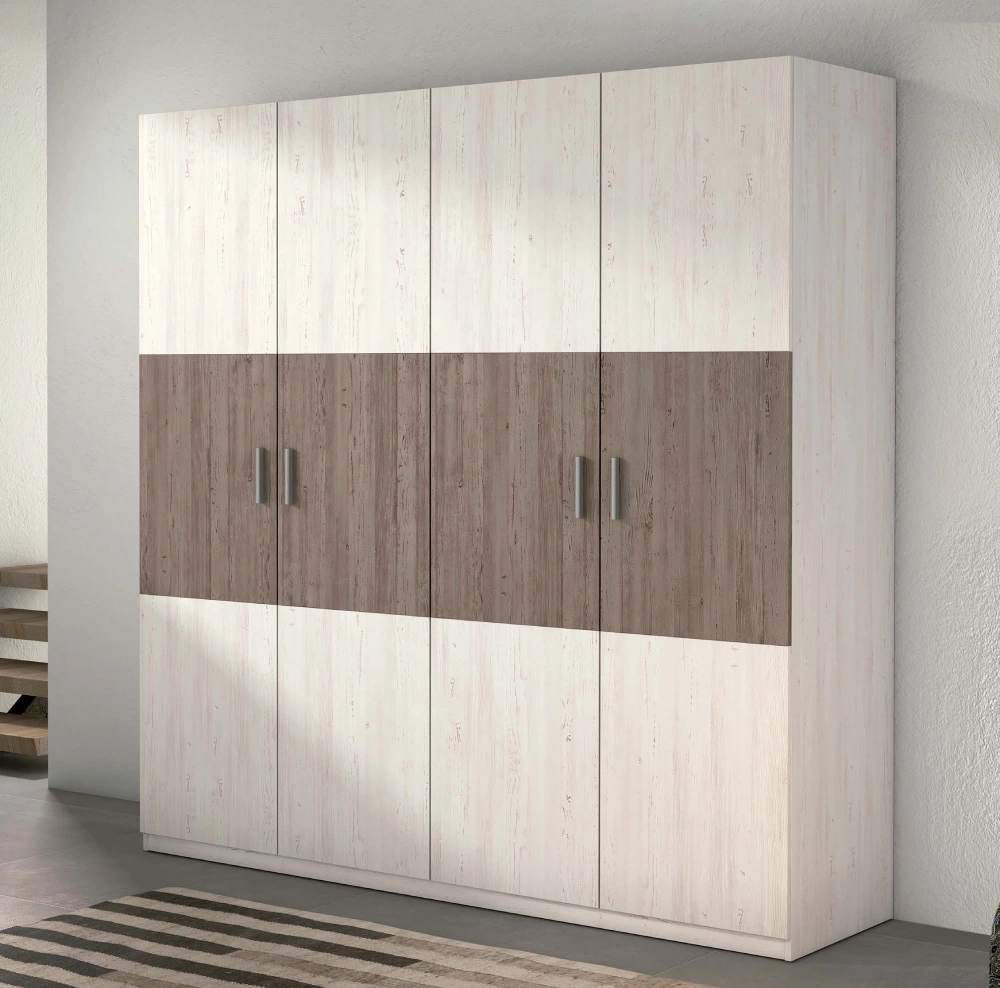 Un armario con puertas marrones y blancas en una habitación.