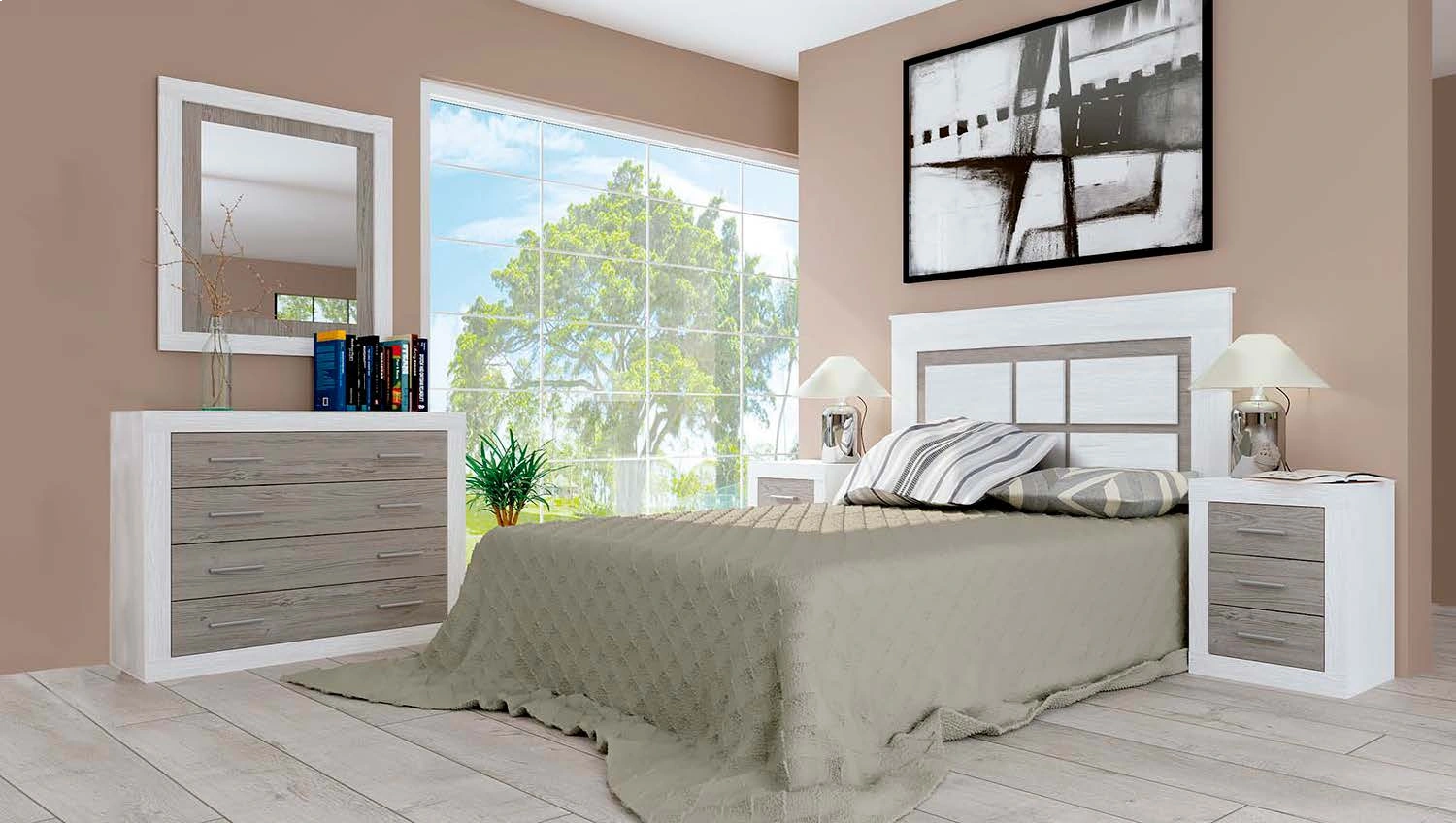 Un dormitorio con cama, cómoda, mesita de noche y espejo.