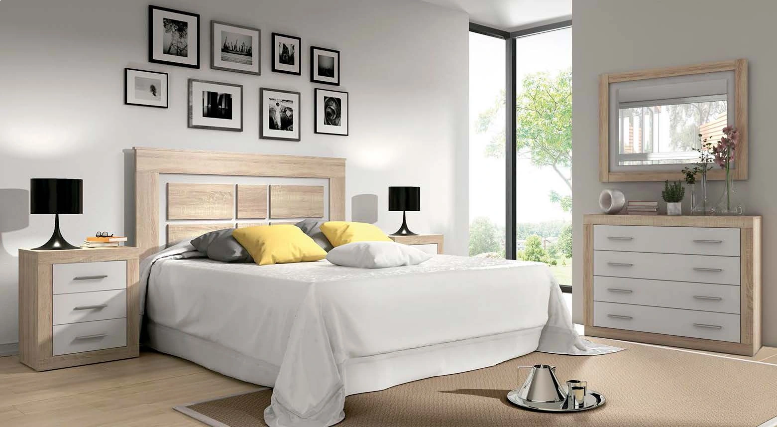 Un dormitorio con una cama, mesitas de noche, tocador y espejo.