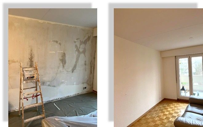 Avant-après d'une rénovation de pièce : ancien mur avec échelle, nouveau mur et parquet.