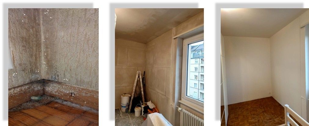 Trois étapes de rénovation d'une pièce : coin moisi, travaux en cours et terminé.
