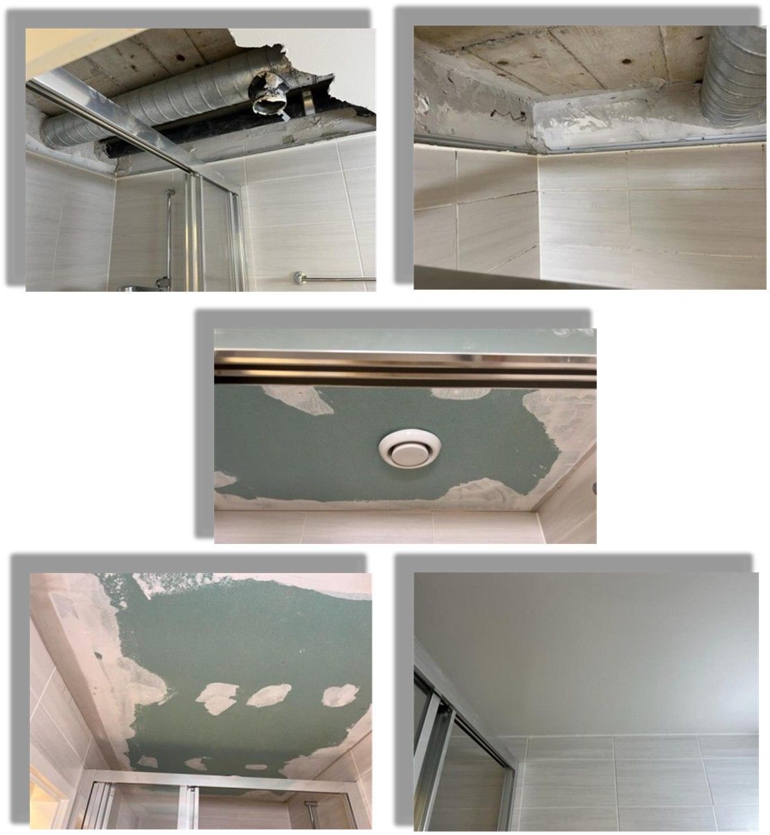 Plafond de salle de bain endommagé avec conduits exposés et plâtre écaillé.