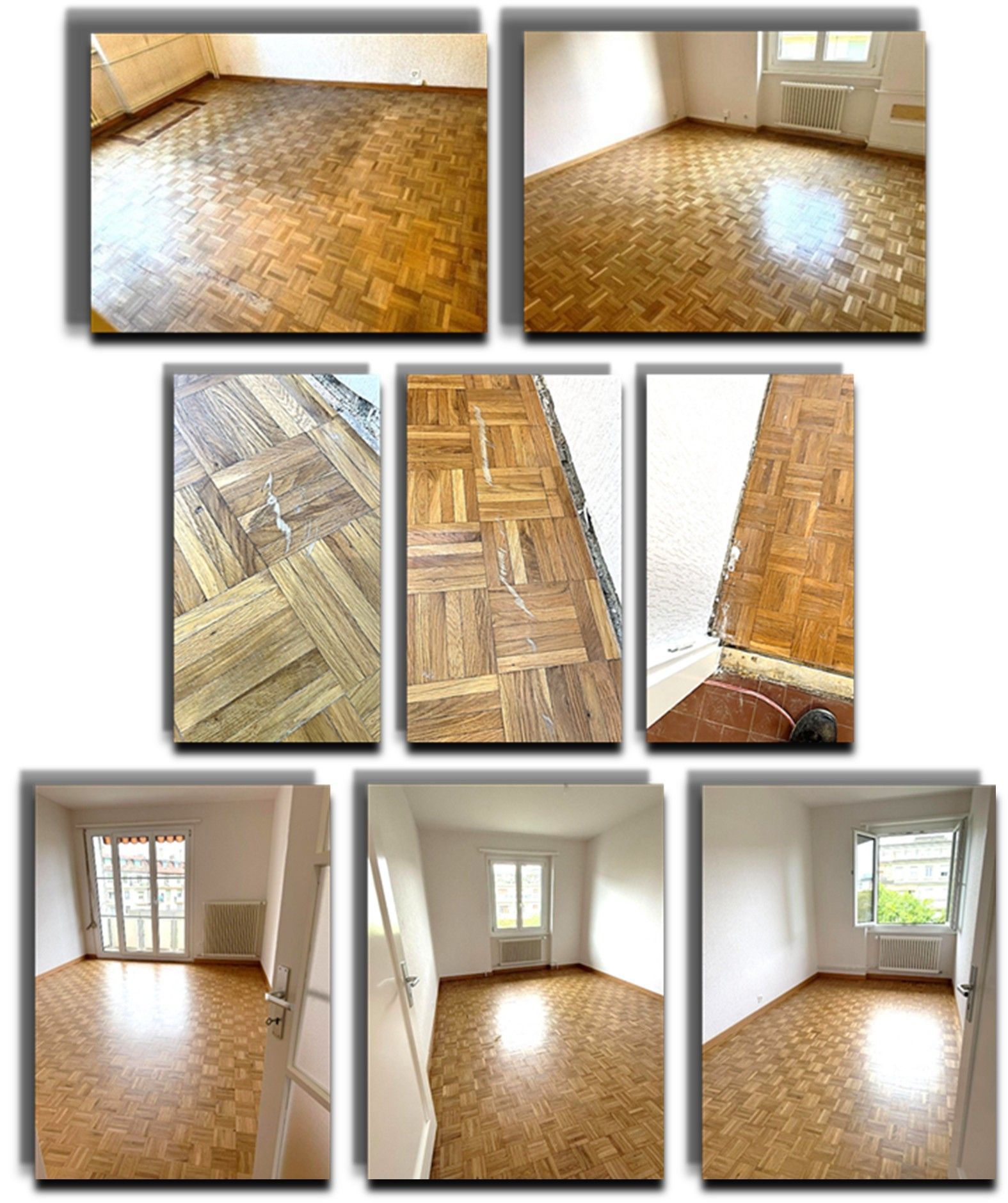 Sept photos d'une pièce avec parquet et murs blancs, montrant différents angles de l'espace.