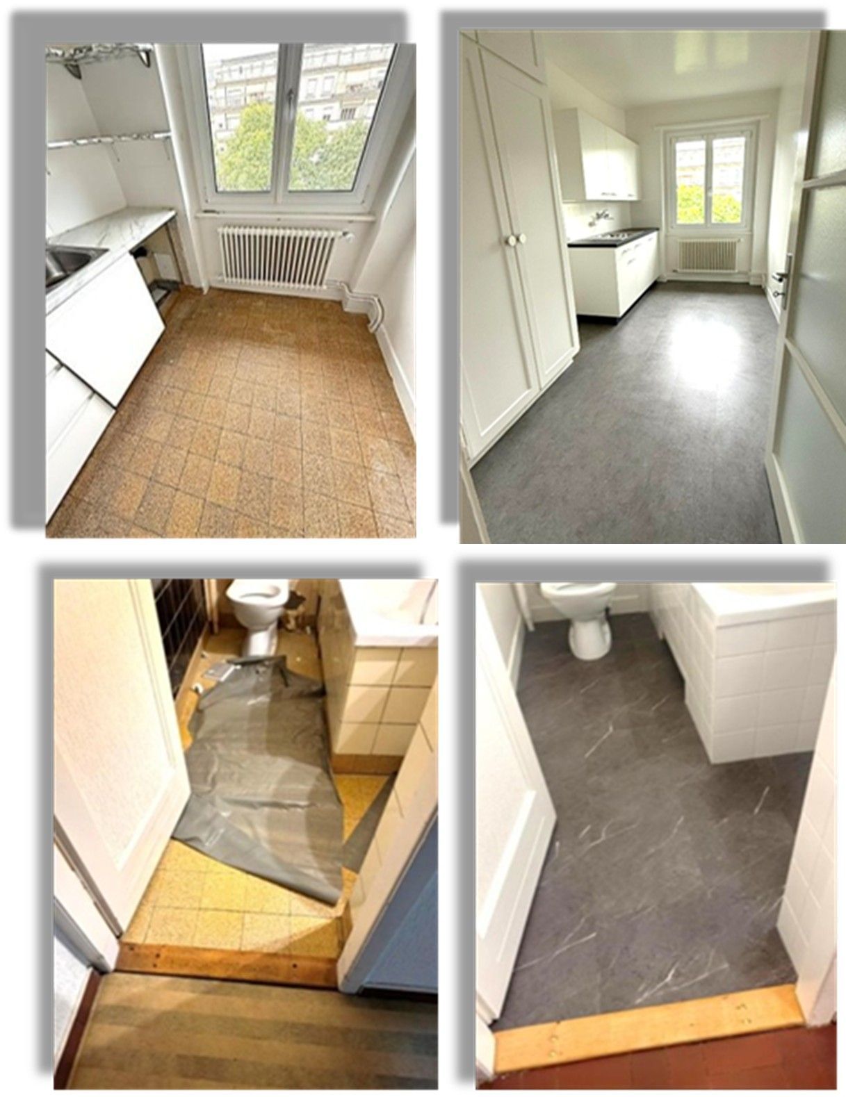 Quatre photos d'une rénovation d'un petit appartement.