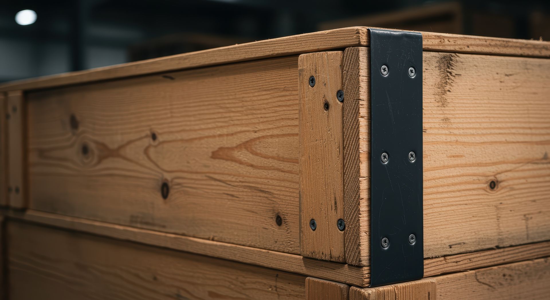 Caisse en bois avec plaques de renfort en métal noir et vis apparentes