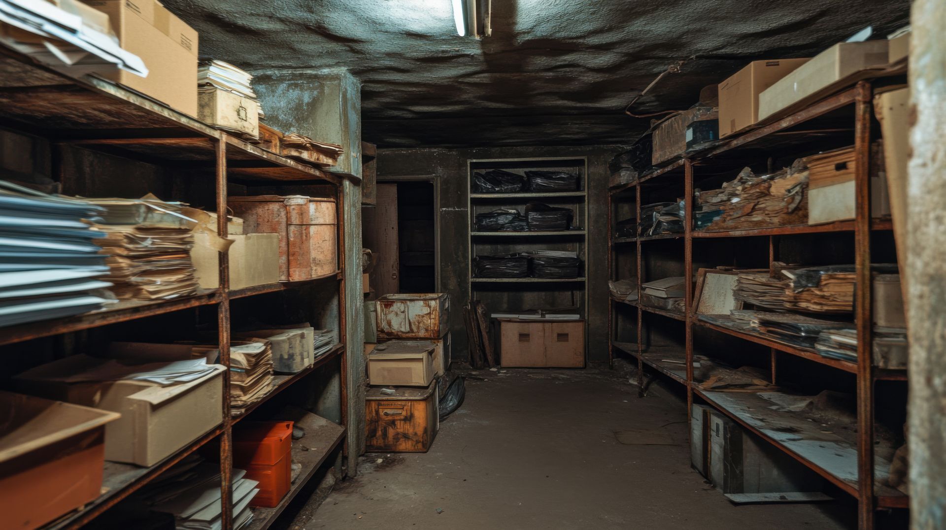 Débarras encombré avec des étagères métalliques, des cartons, des papiers et un plafond recouvert d'une bâche.