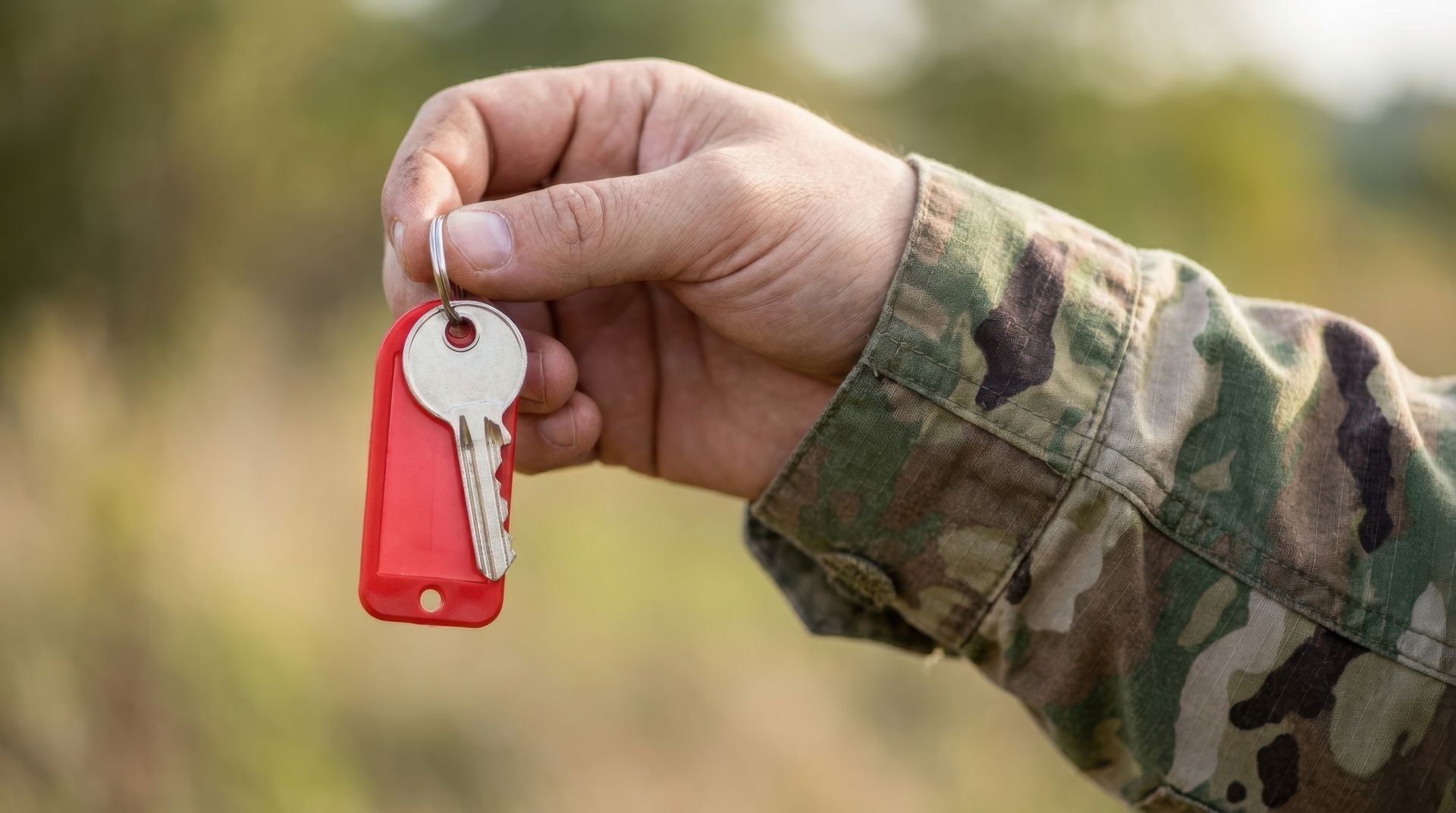 Main tenant un porte-clé rouge avec des clés à l'extérieur, manche dans une veste de camouflage.