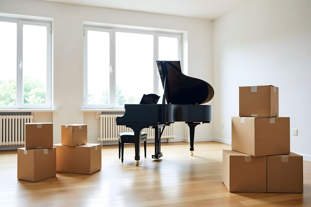 Salon lumineux avec un piano à queue et plusieurs cartons de déménagement près des fenêtres