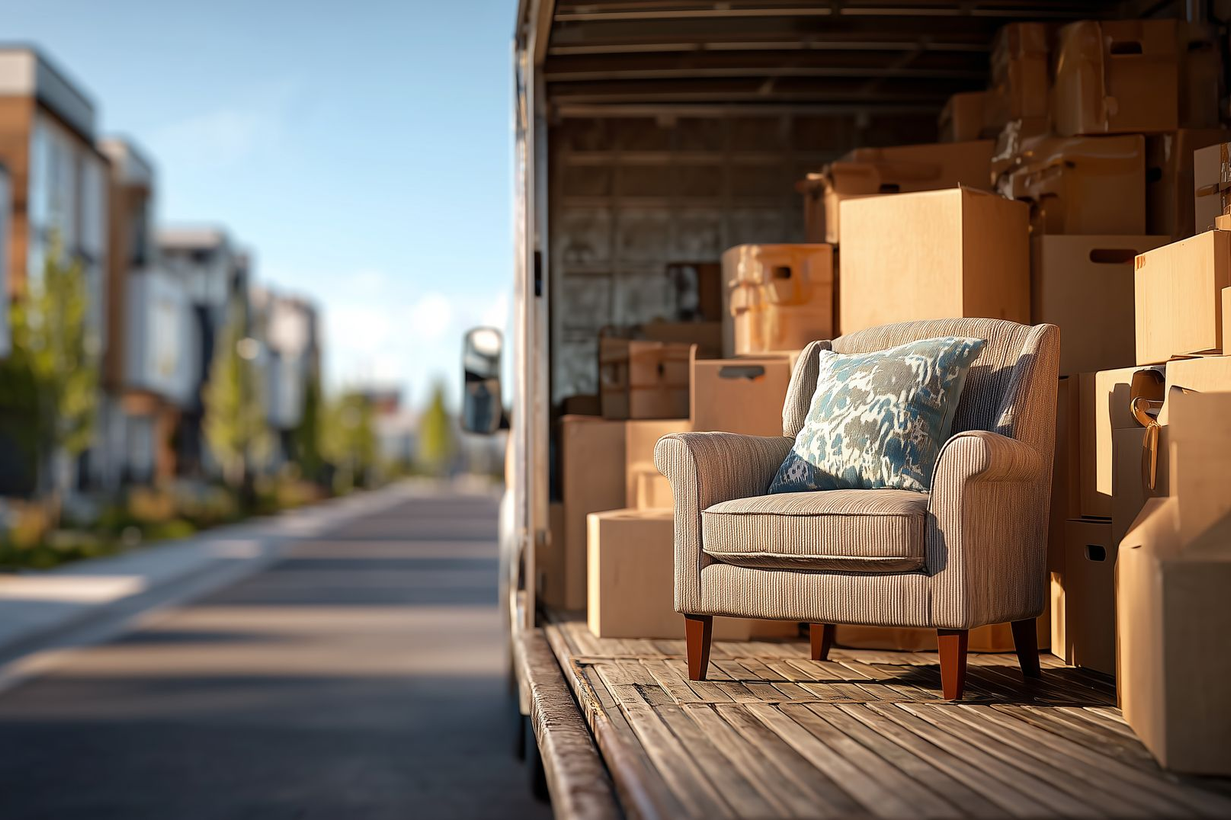Un canapé et des cartons de déménagement empilés dans un camion, dans une rue, avec des maisons floues en arrière-plan.
