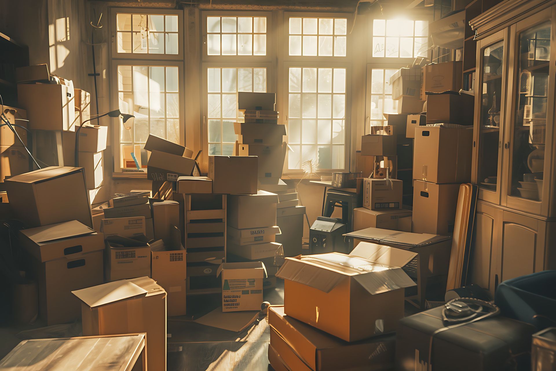 Pièce ensoleillée encombrée de cartons empilés et de meubles dans un intérieur rempli de rangements