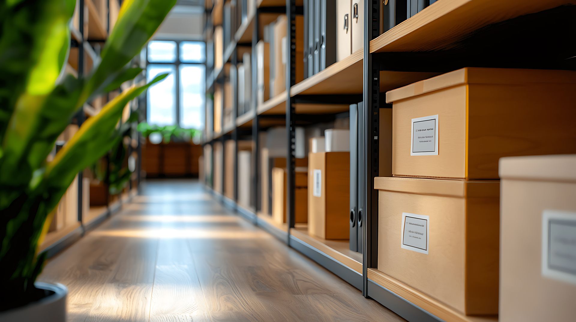Étagères de boîtes de rangement étiquetées dans une allée d'archives lumineuse