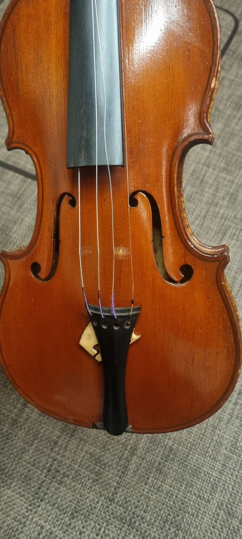 Un violon, brun avec un chevalet noir, les cordes visibles.