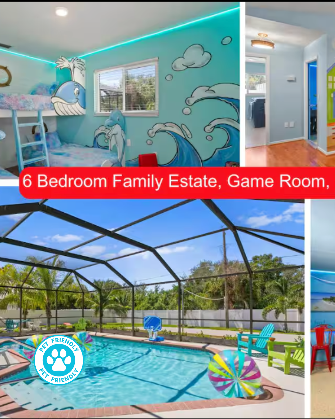 6-bedroom family estate with a pool, game room, and free pool heat. Rooms decorated in a whimsical sea theme.