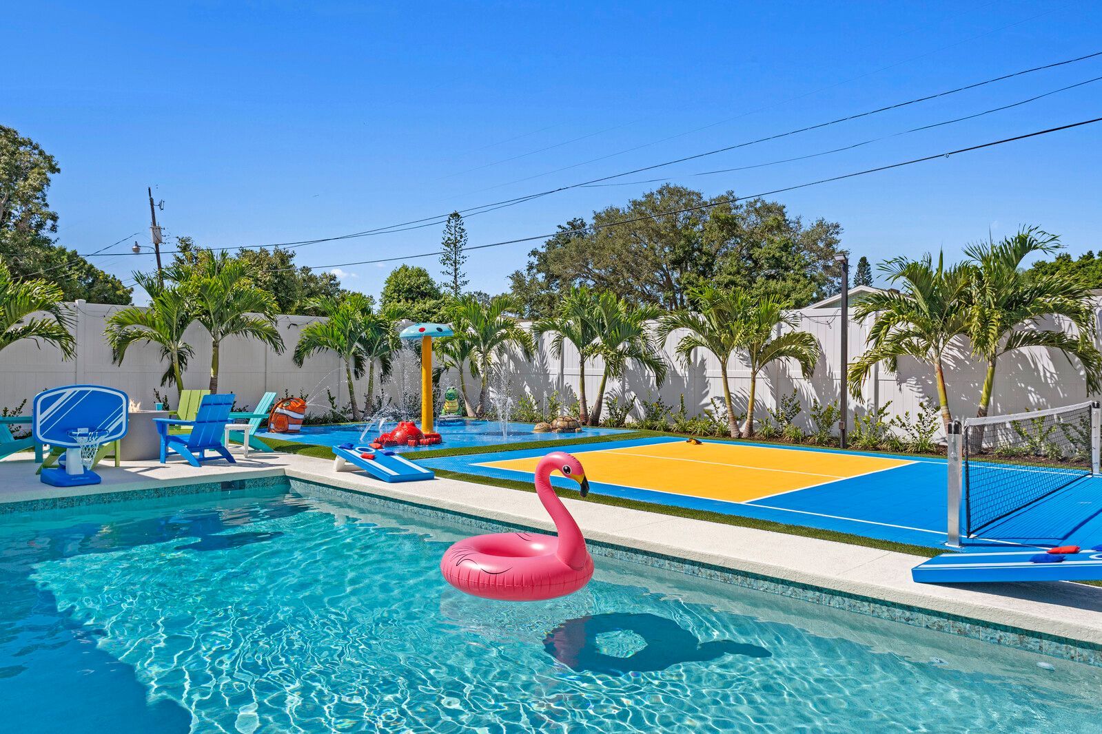 Bradenton Florida rental with splash pad, playground, and kid-friendly resort-style backyard