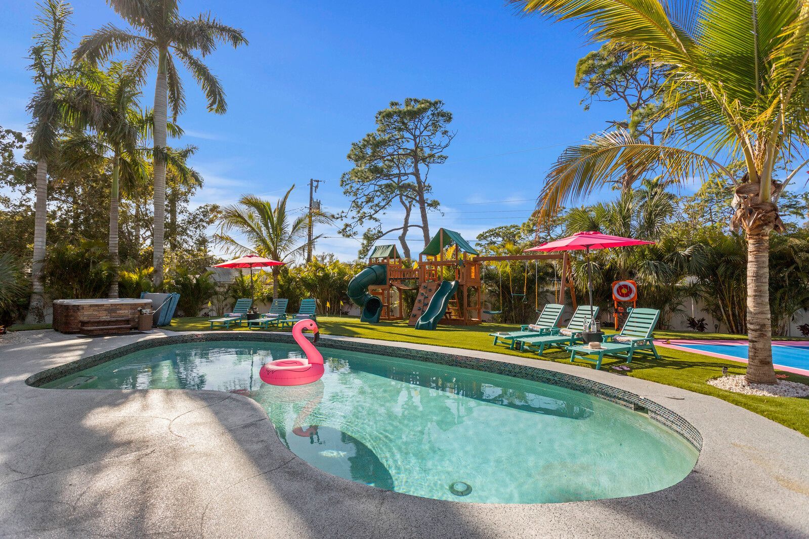 Luxury Bradenton Florida vacation rental with private heated pool, splash pad, and playground for kids