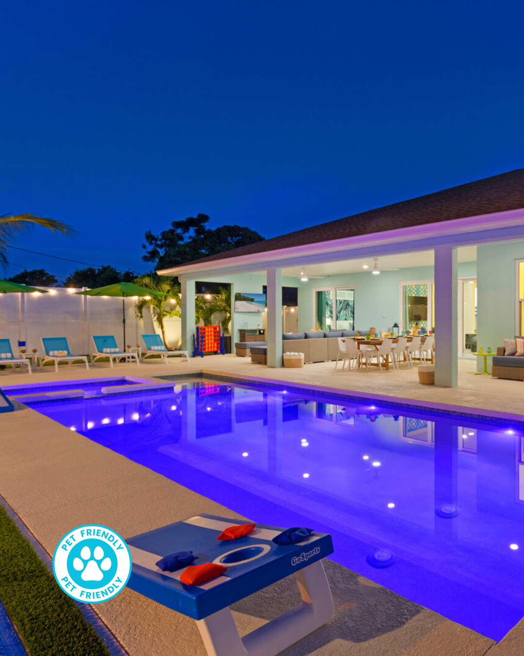 Luxury Bradenton rental home with heated pool, pickleball, and outdoor lounge.