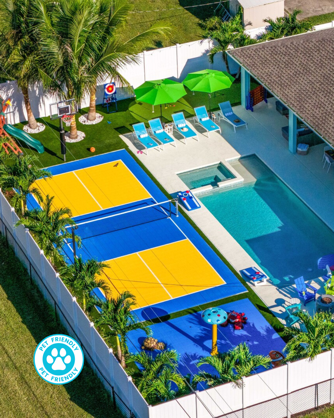 Luxury Bradenton rental home with heated pool, pickleball, and outdoor lounge.