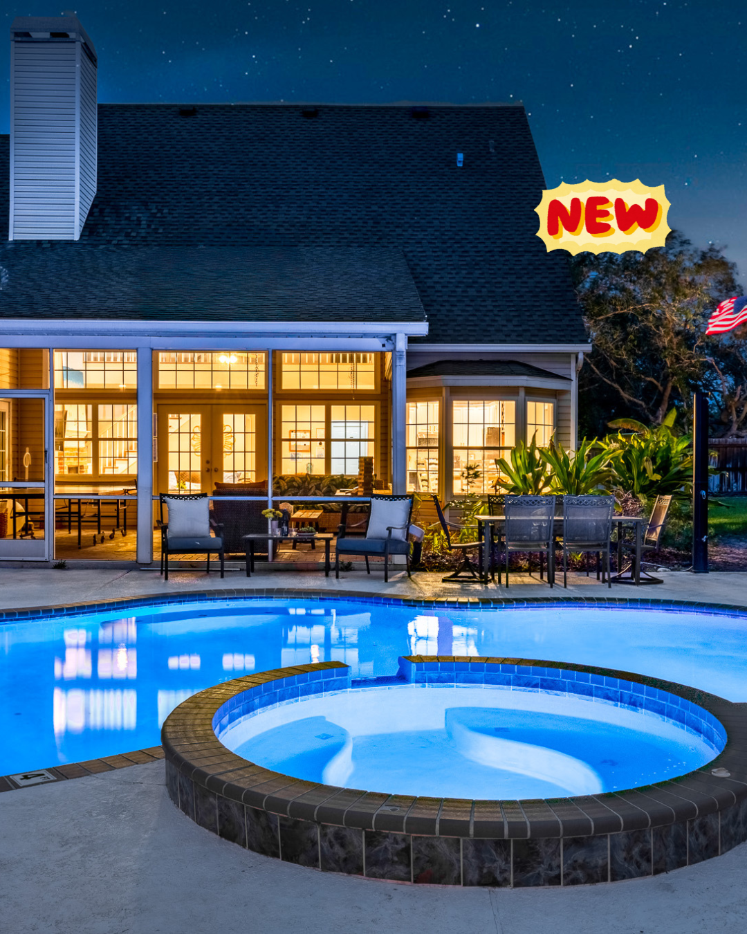 Sunny Bradenton pool with mural and guest on flamingo float