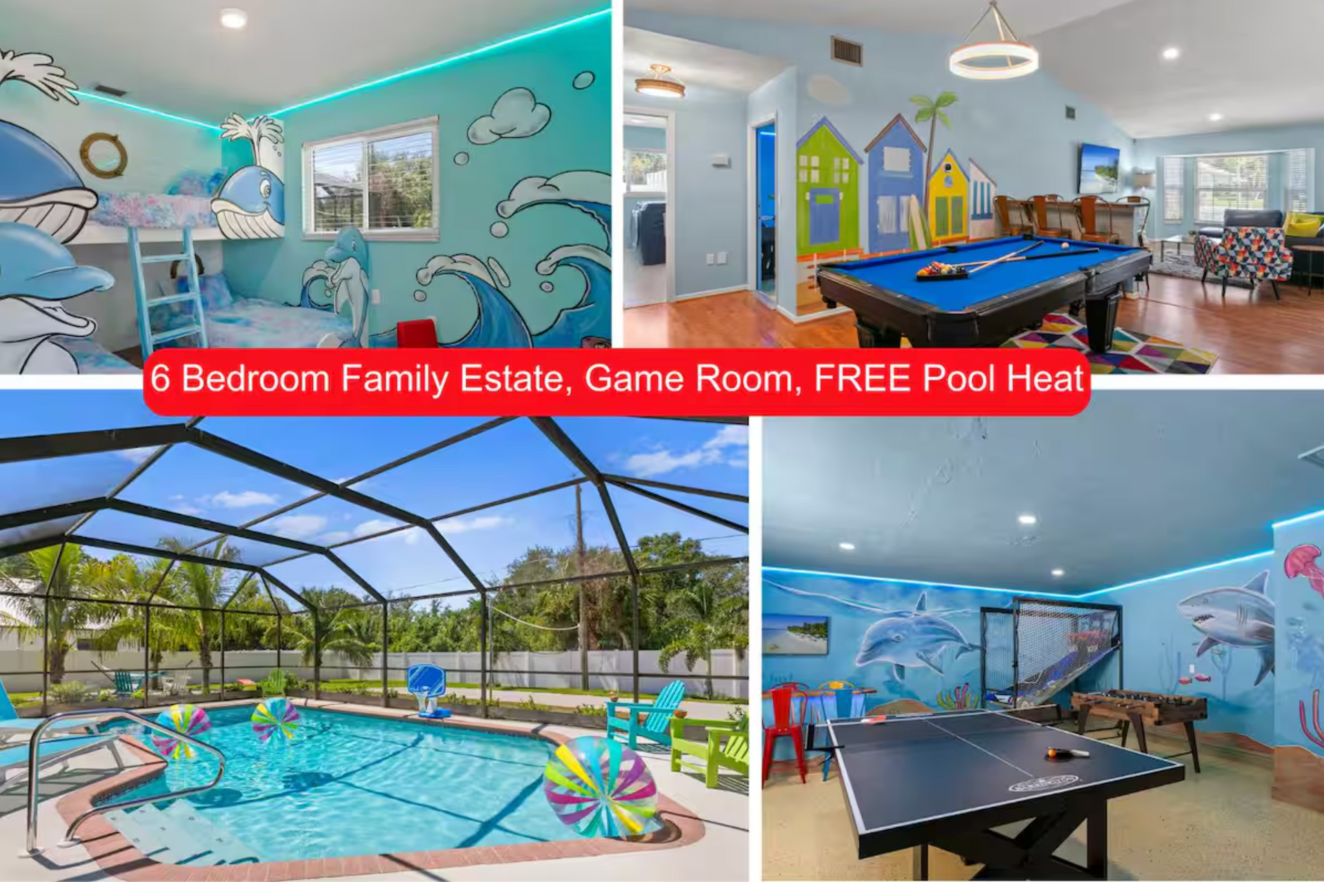 6-bedroom family estate with a pool, game room, and free pool heat. Rooms decorated in a whimsical sea theme.