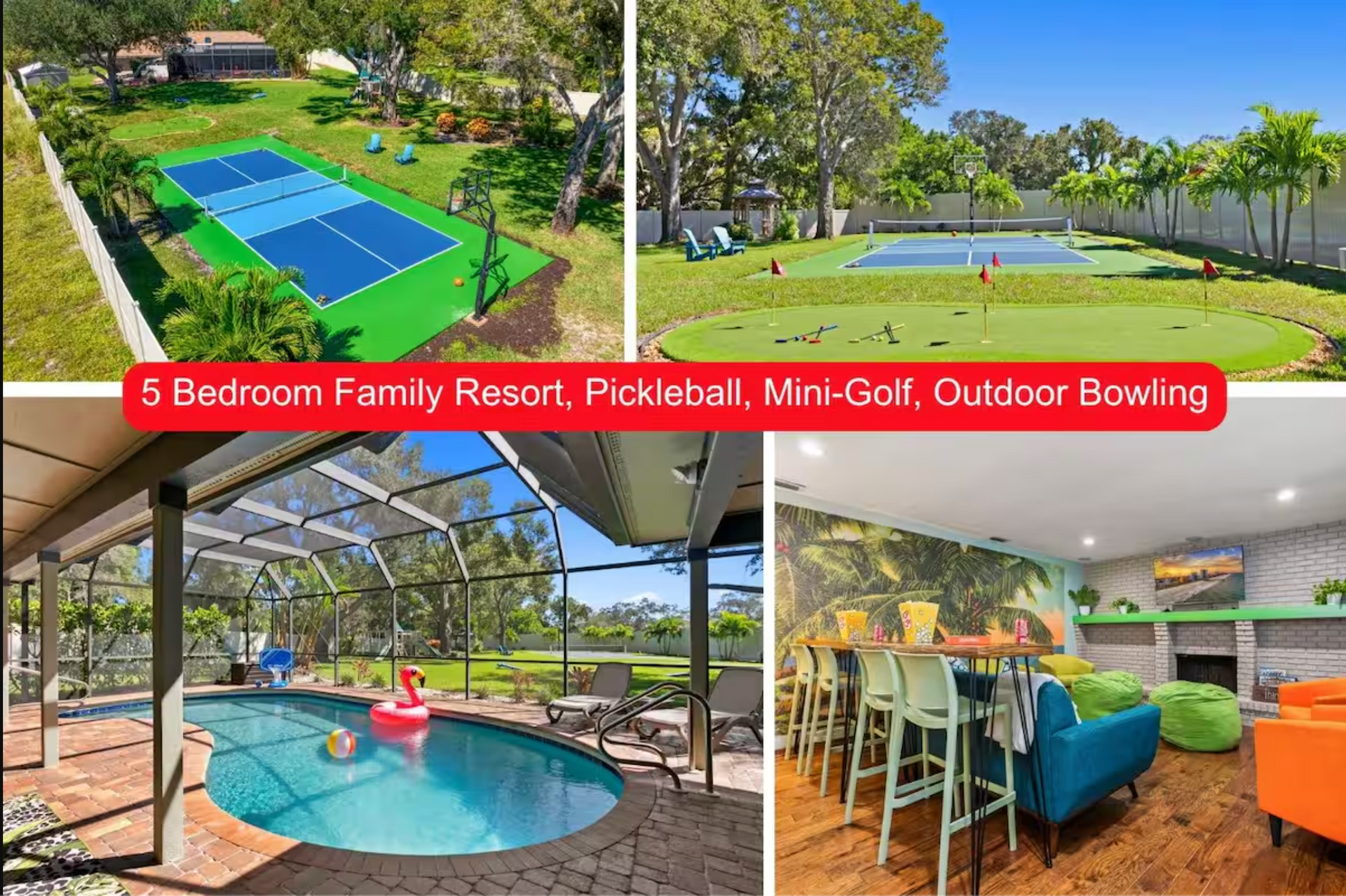 5-bedroom resort with pickleball, mini-golf, bowling, pool, and entertainment area, set outdoors.