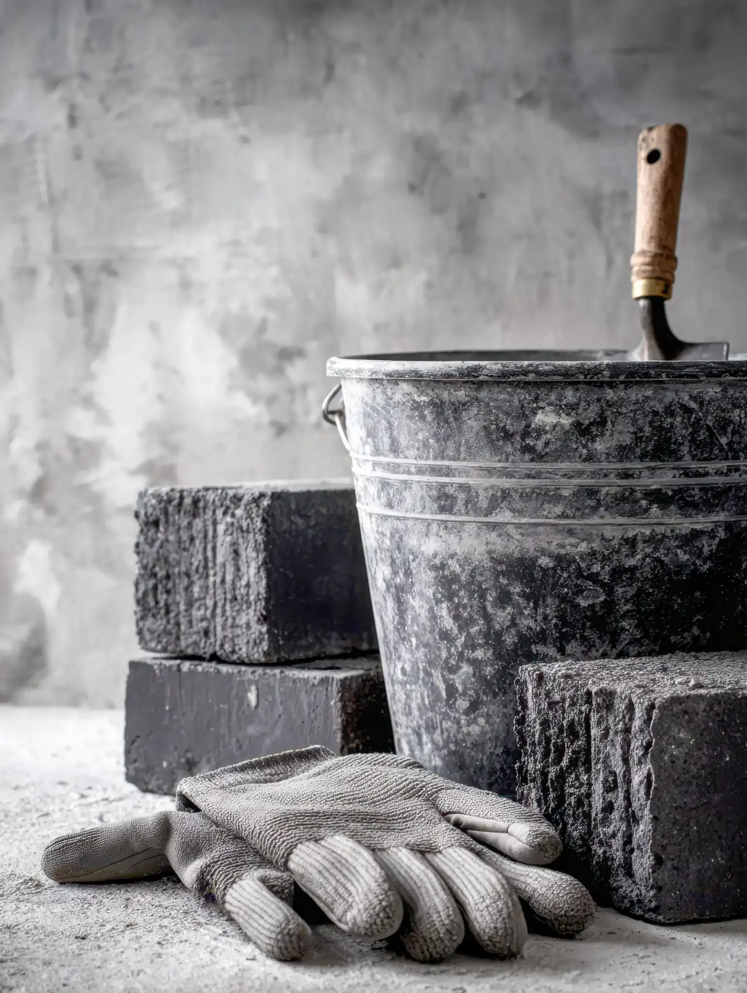 Guantes de trabajo, paleta en balde y ladrillos oscuros sobre una superficie de concreto.