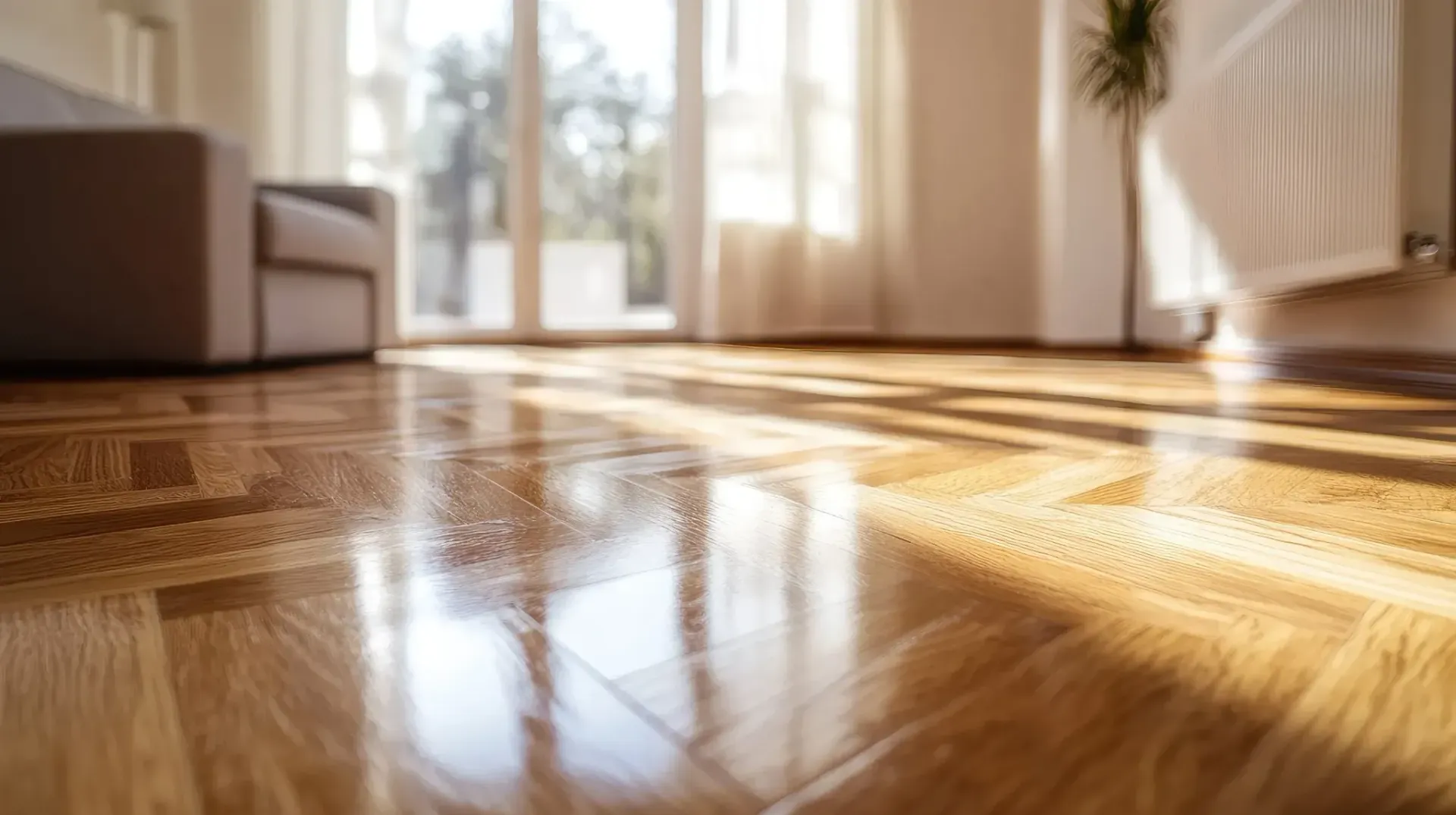 Piso de madera brillante que refleja la luz del sol en una sala de estar luminosa.